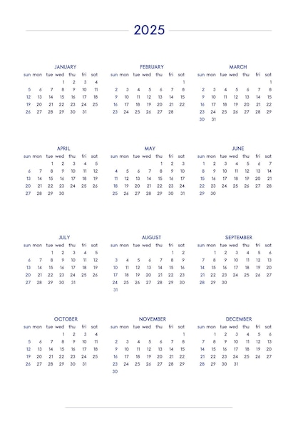 Calendario 2025 impostato in classico stile rigoroso calendario da tavolo da parete calendario design aziendale minimale per notebook e pianificatore la settimana inizia la domenica