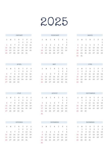 タイプが書かれたフォントを使用したクラシックで厳格なスタイルの2025年カレンダーテンプレート月間カレンダー個別スケジュールビジネスノートブックのミニマリズム抑制デザイン週は日曜日に始まります
