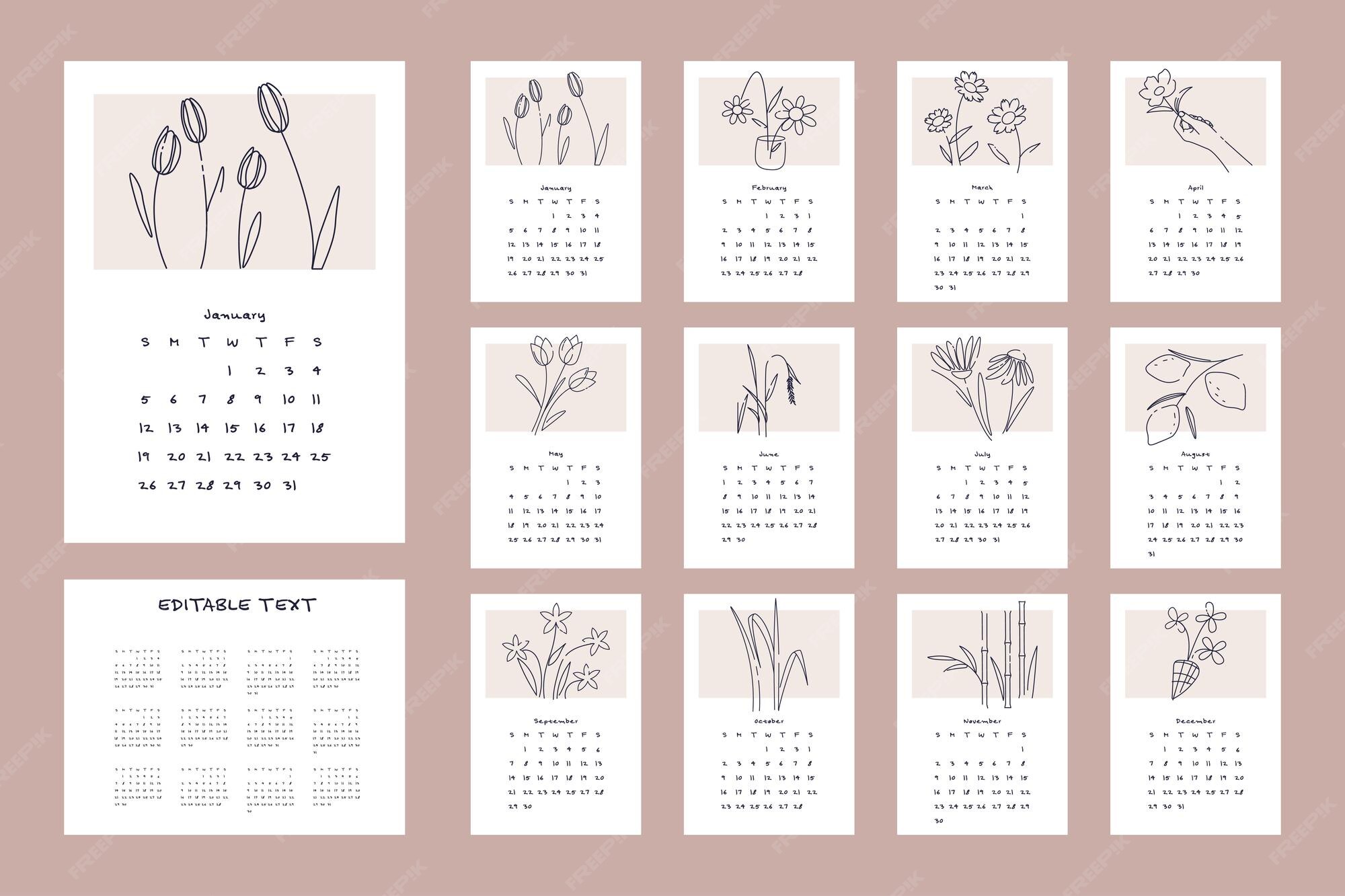 Premium Vector | 2025 calendar template design with line art floral design