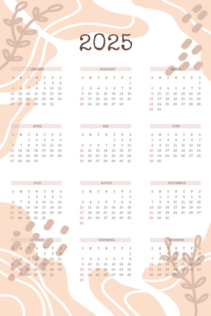 Vettore calendario 2025 con forme organiche disegnate a mano alla moda ed elementi botanici floreali in una tavolozza neutra beige