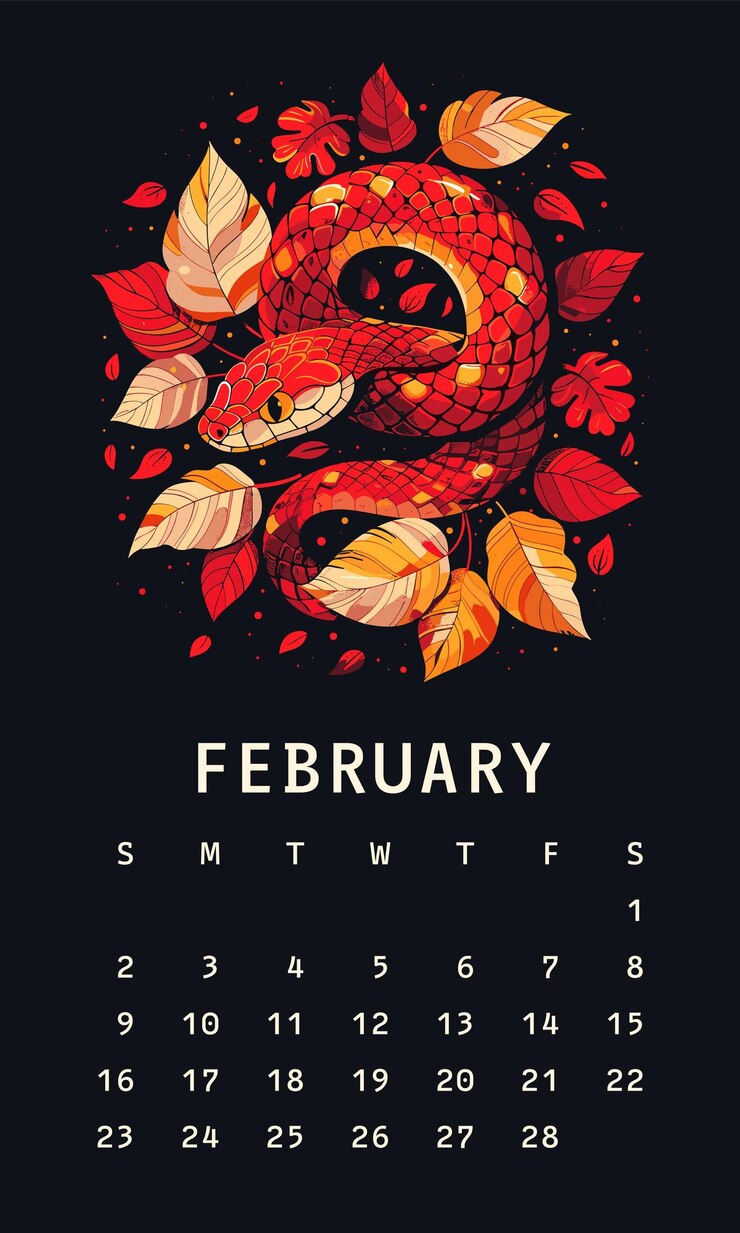 2025 February Monthly Calendar Featuring Red Snake Illustration for