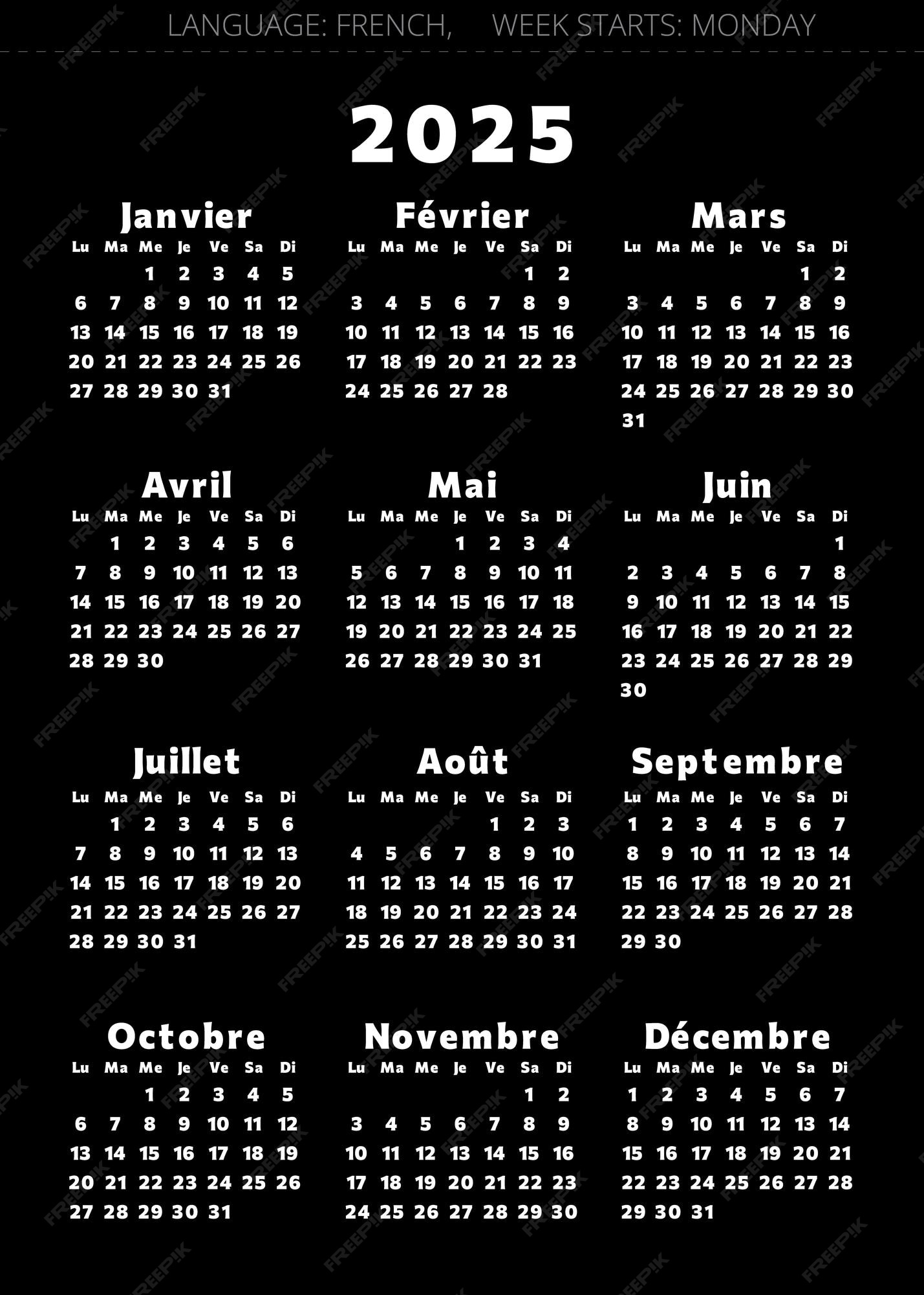 Premium Vector 2025 french calendar calendrier Vector illustration