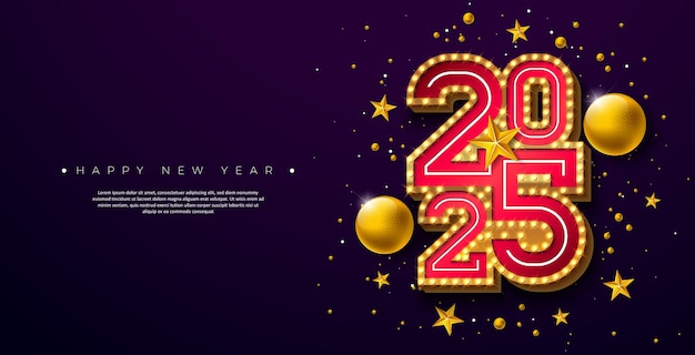 2025 happy new year design with 3d glowing light bulb billboard typography lettering christmas ball