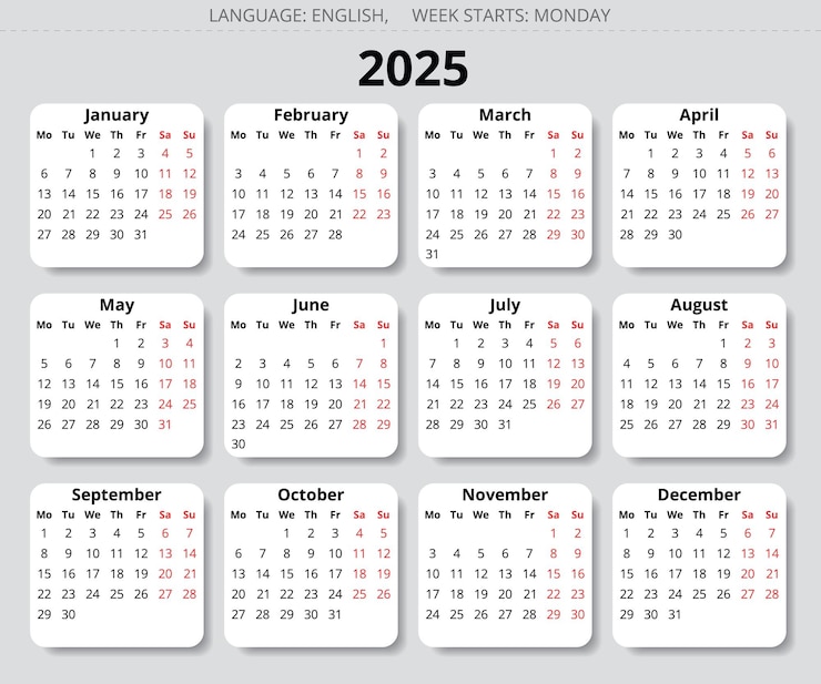 Vector 2025 jaar engelse vectorkalender 12 maanden week begint op maandag