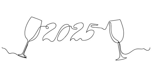 2025 met glazen champagne Eén doorlopende lijntekening Doodle vectorillustratie