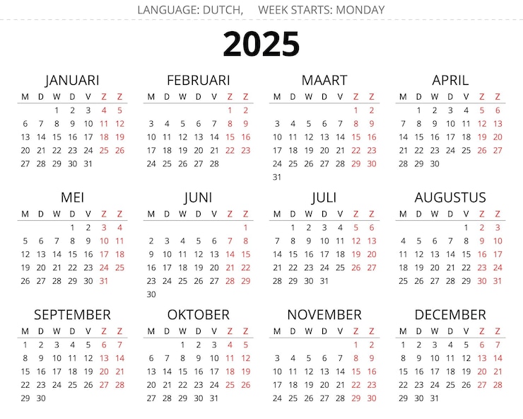 Vector 2025 nederlandse kalender afdrukbare bewerkbare vectorillustratie voor de nederlandse kalender van 12 maanden