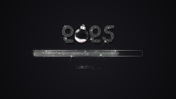 Vector 2025 progress bar with dark particles on black download new years eve