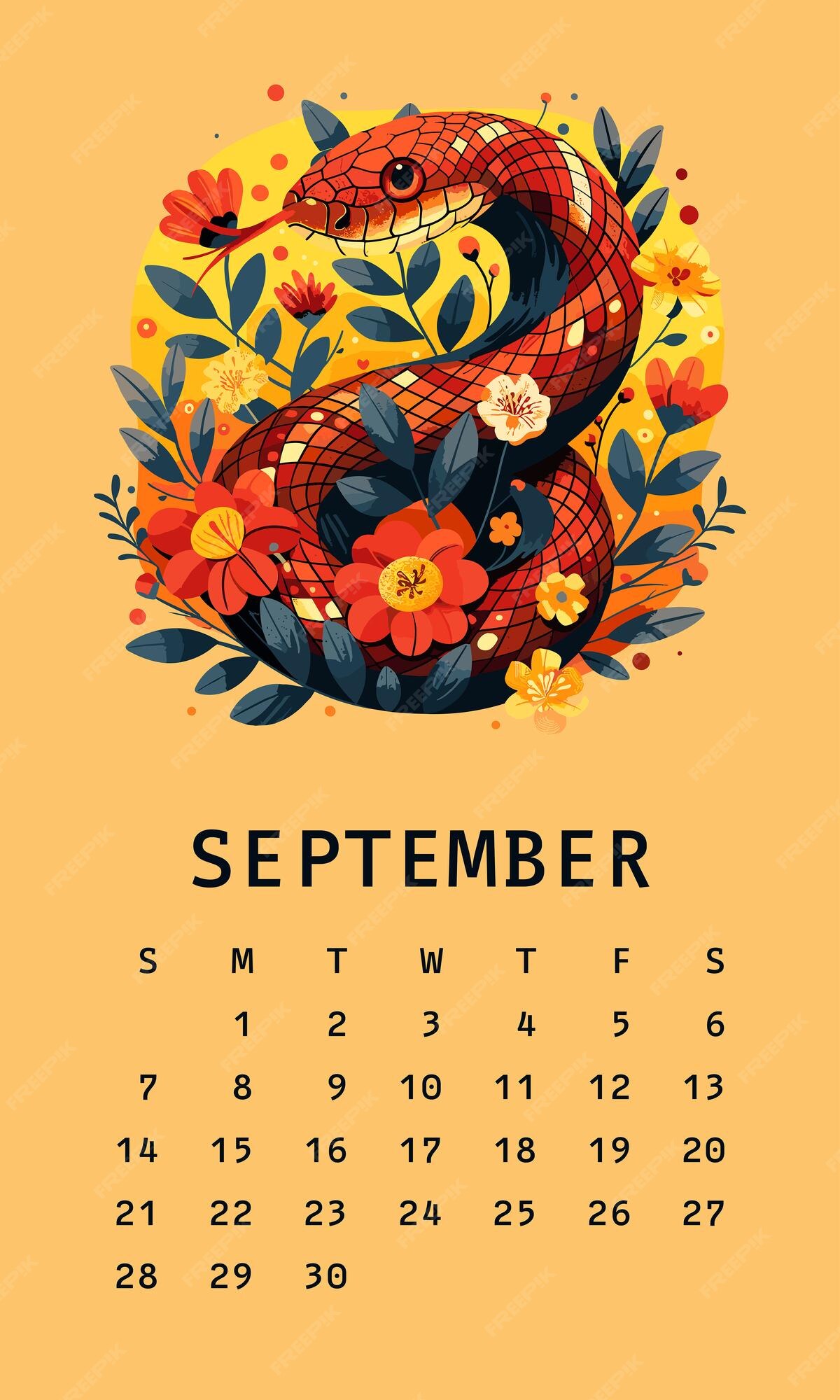 2025 September Monthly Calendar Featuring Red Snake Illustration for