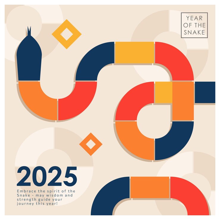 Vector 2025 year of the snake modern trendy bauhaus greeting card poster with abstract geometric snake