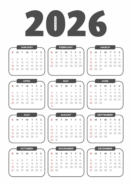 Calendario di base 2026 su sfondo bianco