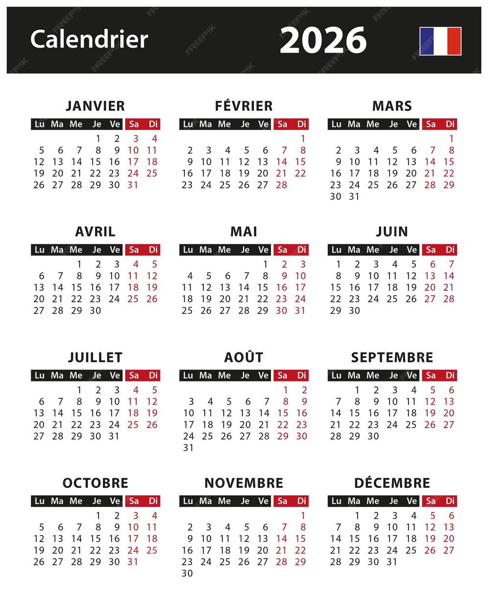 Premium Vector 2026 Calendar vector stock illustration France French