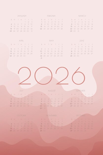 Vettore calendario 2026 con modello annuale verticale di forme d'onda fluide sfumate rosse per la stampa e la settimana digitale la settimana inizia la domenica