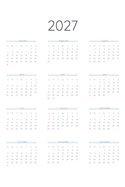 Vettore modello di calendario 2027 in stile classico rigoroso calendario mensile pianificazione individuale minimalismo design sobrio per notebook aziendale la settimana inizia di domenica