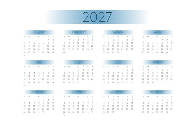 青いグラデーション要素の水平形式の厳密なミニマルスタイルの2027ポケットカレンダーテンプレート週は日曜日に始まります