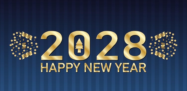 2028 С Новым годом поздравительная карточка с золотыми цифрами на синем фоне