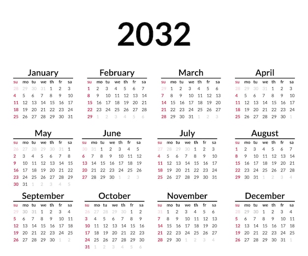 Календарная неделя 2032 года начинается в воскресенье Простая планировка календаря Годовой дневник Минимальный шаблон канцелярских изделий