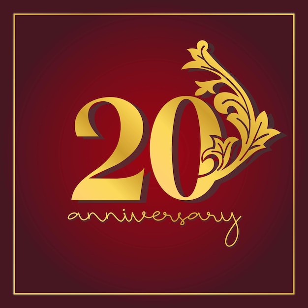 Banner di celebrazione del 20° anniversario con sfondo rosso. design vettoriale con numero decorativo vintage