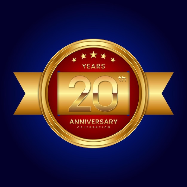 20th Anniversary logo with badge style Anniversary logo with gold color and ribbon Logo Vector