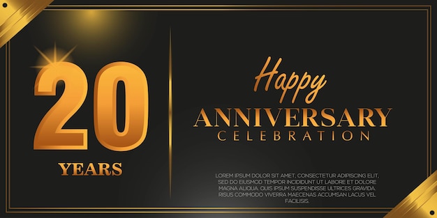 20th anniversary logo with confetti golden colored isolated on black background, vector design .