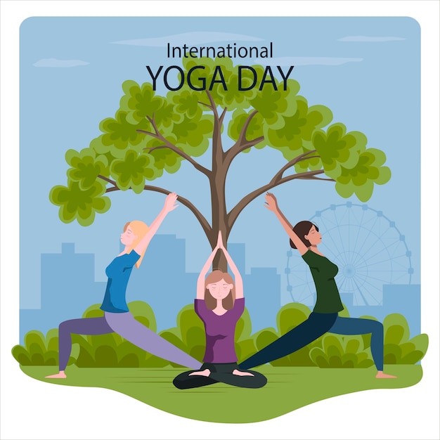 21 june international yoga day young women doing yoga asana meditation outdoor Flat style multi cultural character