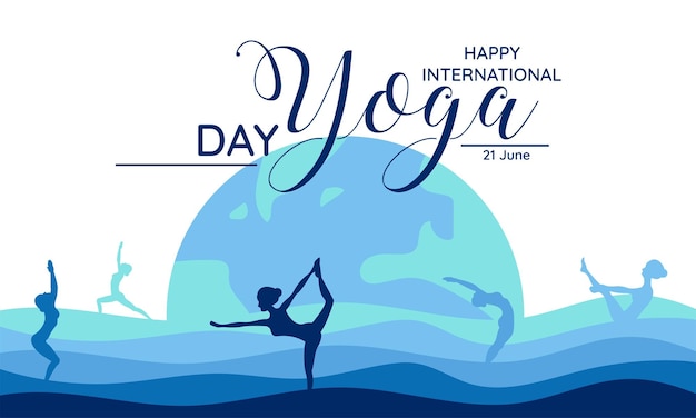 21 juni Internationale Yoga Dag vector illustratie van aarde en water met vrouwen in yoga body post