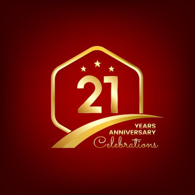 21 years anniversary inside of gold hexagon and curve with red backgrounds