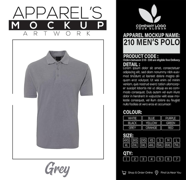 210 Men's Polo Grey Apparel Mockup Artwork Design (ontwerp van kleding voor mannen)