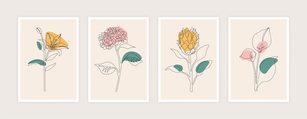 2109m01i010n028fc071900163098 poster di fiori line art banner astratti a linea continua con bellissimi fiori e foglie minimalisti collezione di grafica botanica vettoriale