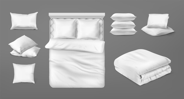 2110m01i020n003Sc20754567687 Realistische beddengoedset Witte lege mockup van vierkante en rechthoekige bedkussen deken lakens matras hotel slaapkamer elementen mockup Vector set