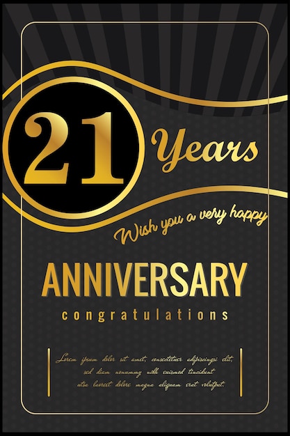 21e jaar jubileum, vectorontwerp voor jubileumviering met gouden en zwarte kleur.