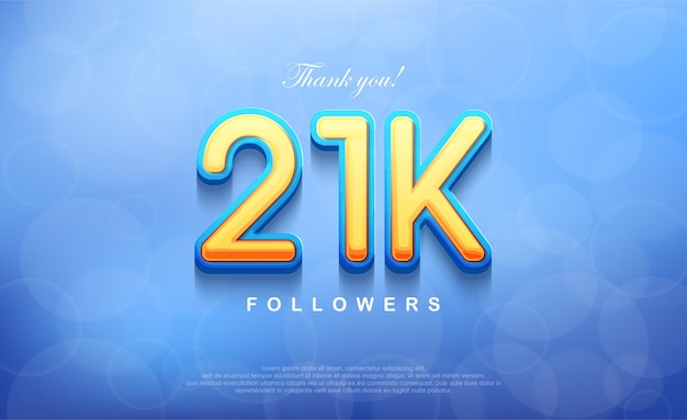 Vettore numero 21k per ringraziare i follower unico sfondo blu bokeh