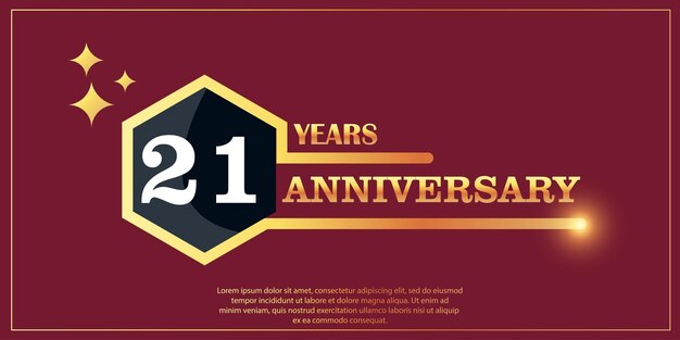 21st anniversary gold color logotype style with hexagon shape on red background