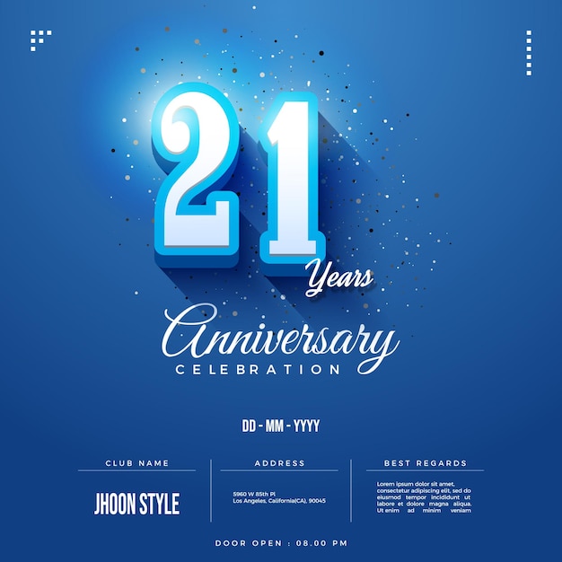 Приглашение на 21-ю годовщину с тиснеными цифрами на синем фоне