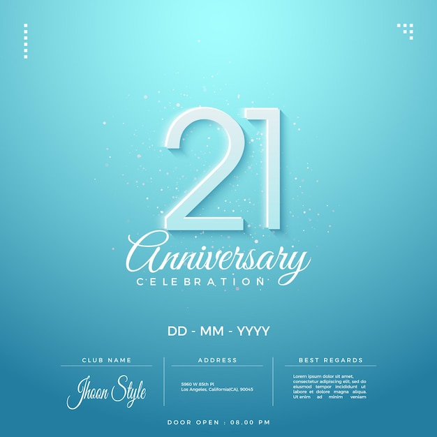 21st anniversary invitation with soft white numbers on light blue background