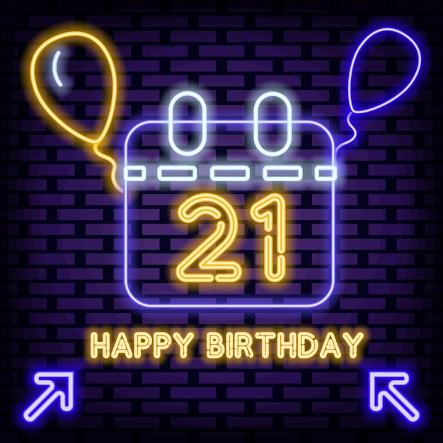 21th Happy Birthday 21 Year old Neon sign On brick wall background Light art