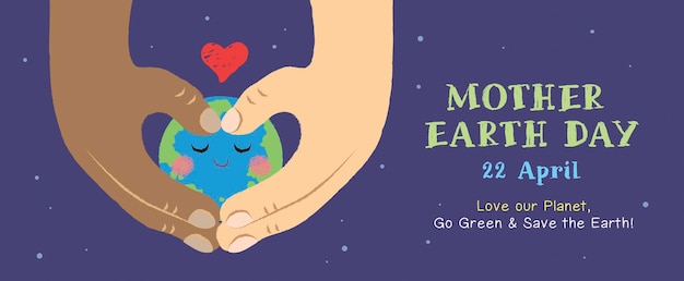 22 april earth day banner two hands making heart shape with cute cartoon earth globe