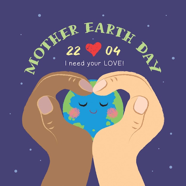 22 april earth day twee handen maken hartvorm met schattige cartoon earth globe