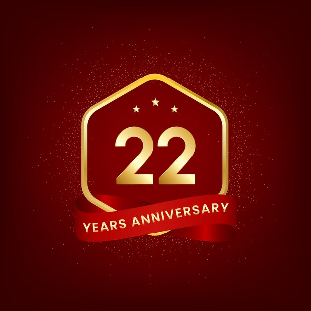 22 jaar jubileum Verjaardag sjabloonontwerp met gouden nummer en rood lintontwerp voor evenement uitnodigingskaart wenskaart banner poster flyer boekomslag en print Vector Eps10