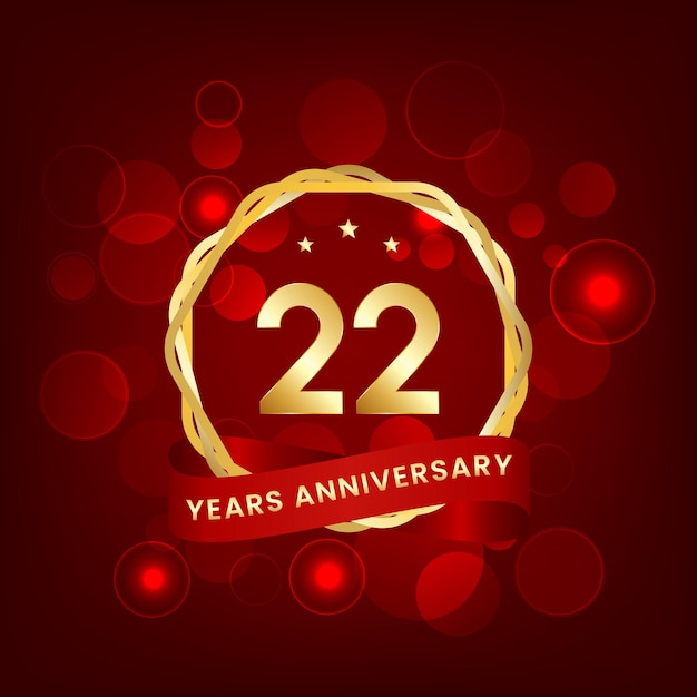22 年周年記念テンプレート デザイン イベント招待状カード グリーティング カード バナー ポスター チラシ本の表紙と印刷ベクトル Eps10 のゴールド ナンバーと赤いリボンのデザイン