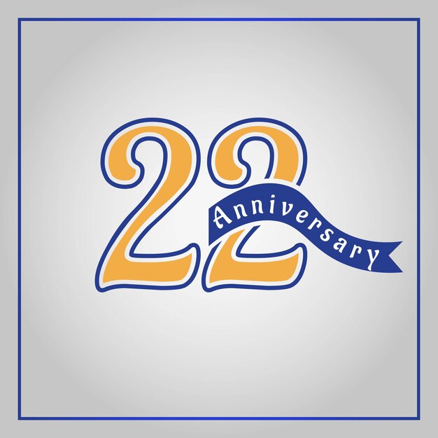 22 Years Anniversary celebration logotype colored with yellow and blue, using blue ribbon vector.