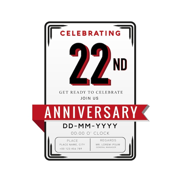 22 Years Anniversary Logo Celebration and Invitation Card with red ribbon Isolated