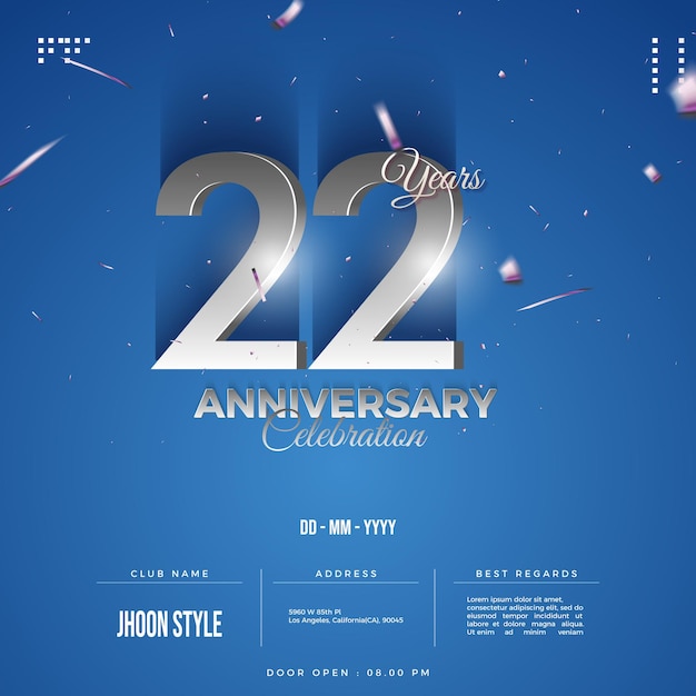 22nd anniversary invitation with silver numbers on a blue background