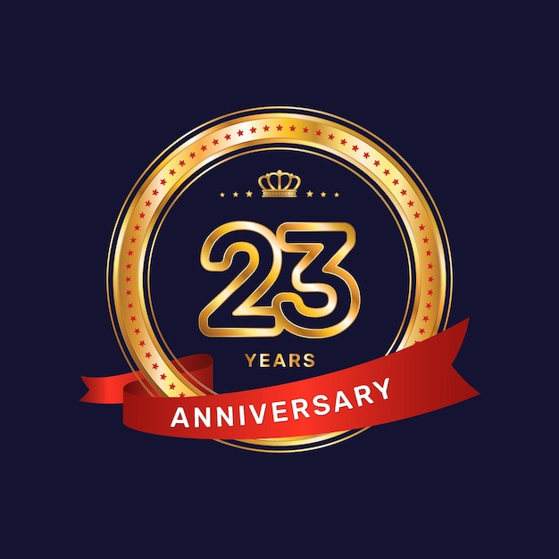 Vector 23 year anniversary logo with gold ring and red ribbon vector template