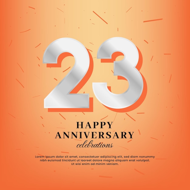 23e verjaardag vector sjabloon met een wit nummer en confetti verspreid op een oranje achtergrond