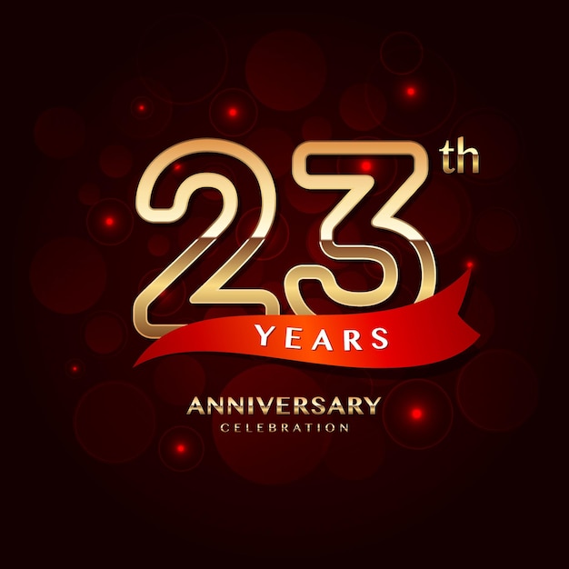 23e verjaardag viering logo ontwerp met een gouden nummer en rood lint vector sjabloon