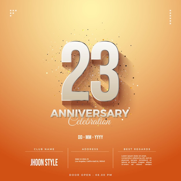 23rd anniversary on orange background with light effect.