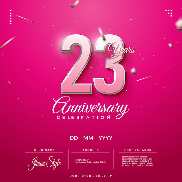 23° anniversario con numeri rosa con oro.