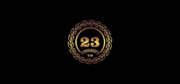 Vettore logo 23° anniversario con anello e cornice color oro e fondo nero