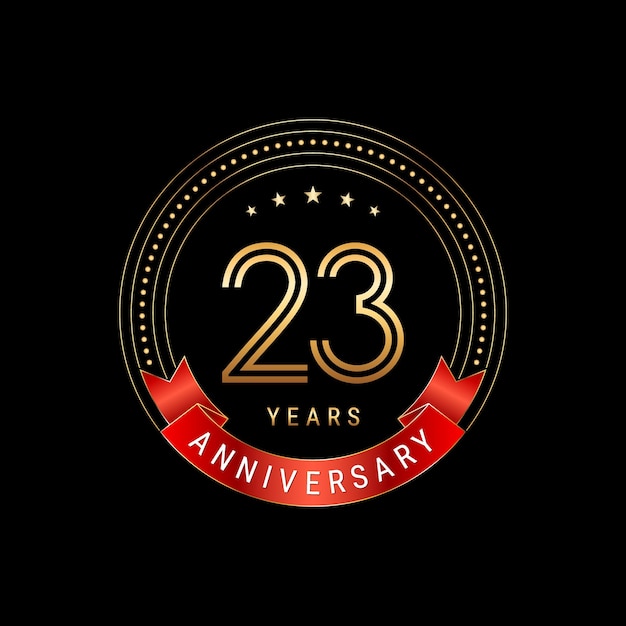 Vector 23th anniversary anniversary logo design with golden number and red ribbon logo vector template