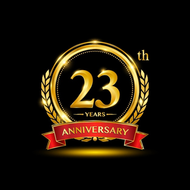 Vector 23th anniversary logo design with golden laurel wreath and red ribbon golden number vector design